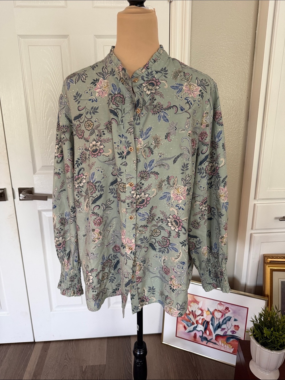 J. Jill Sage Green Floral Button-Down Shirt
